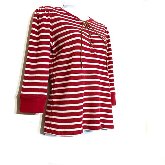 Lauren Ralph Lauren RED stripe 3/4 sleeve lace up front top waffle fabric size M - Picture 9 of 12